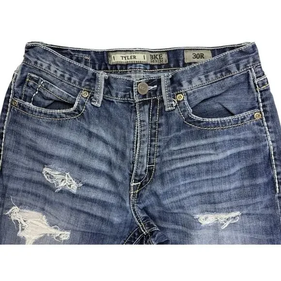 BKE Tyler Denim Jeans Mens 31 X 30 Blue Med Wash Whiskered Bootcut Ripped - Picture 4 of 14